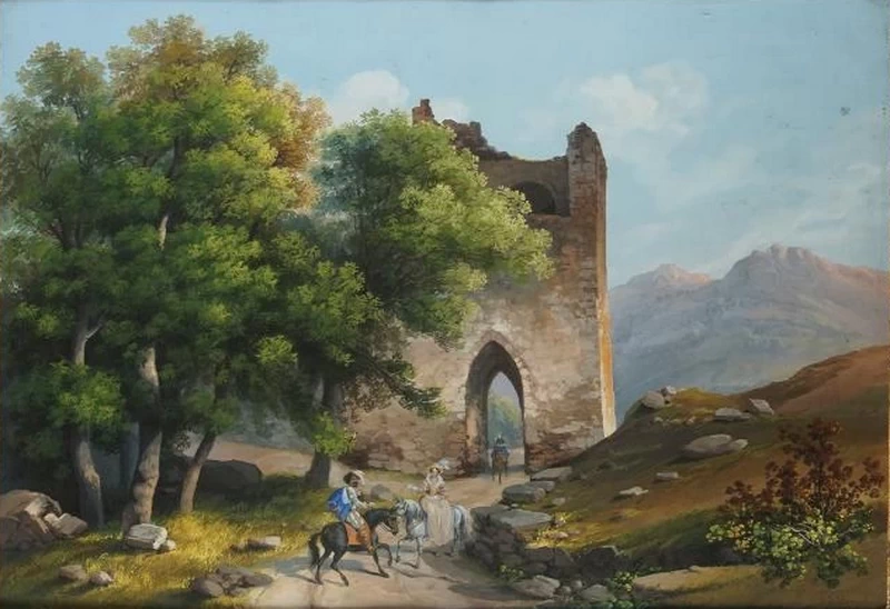 Paesaggio con rovine e figure a cavallo